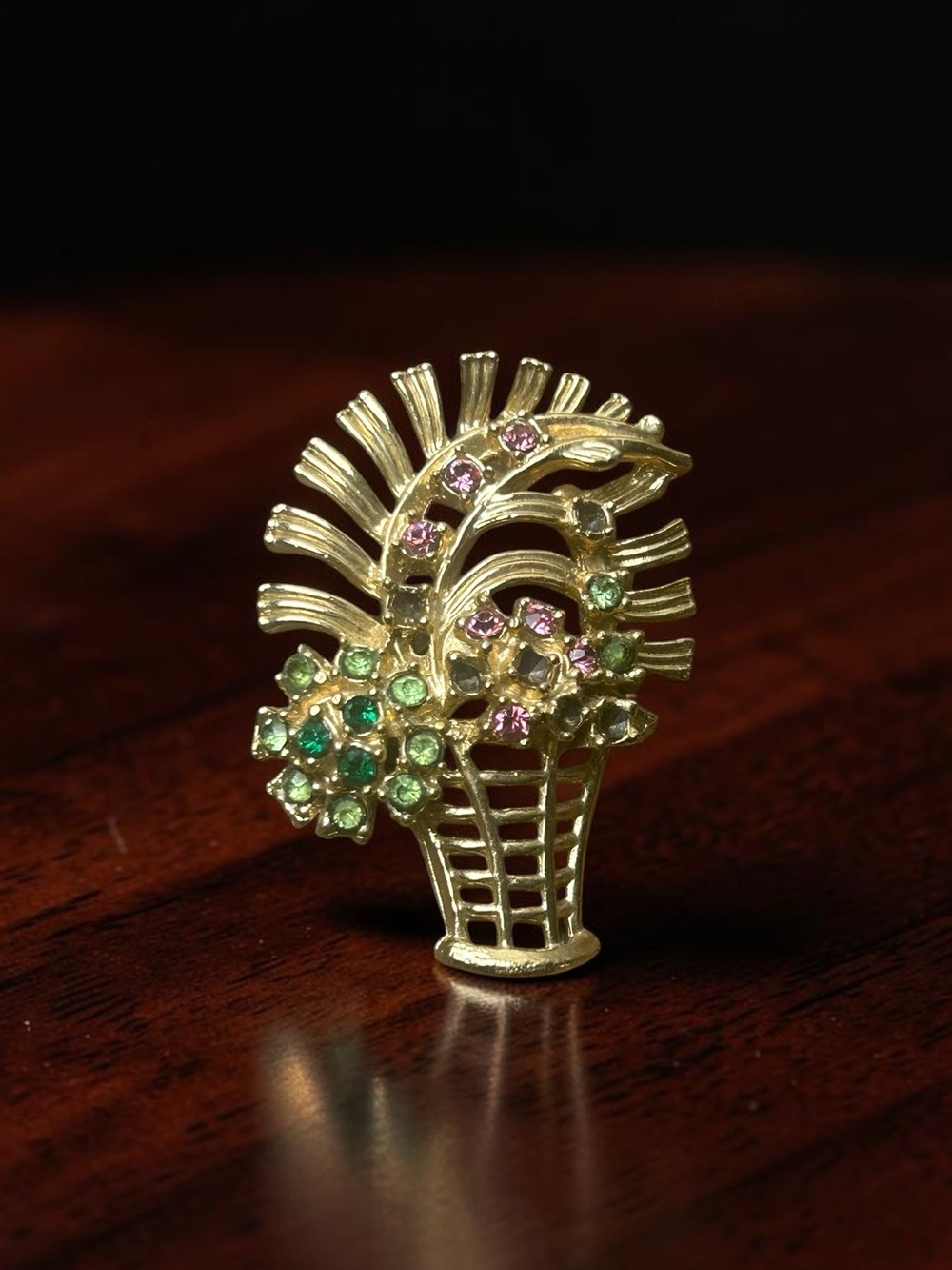 Vintage Gold Tone Rhinestone Flower Basket Brooch Pink Green